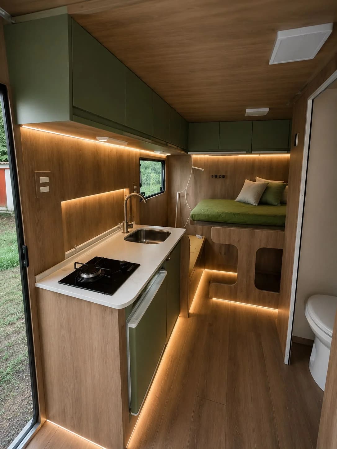Interior de um trailer com cozinha e cama